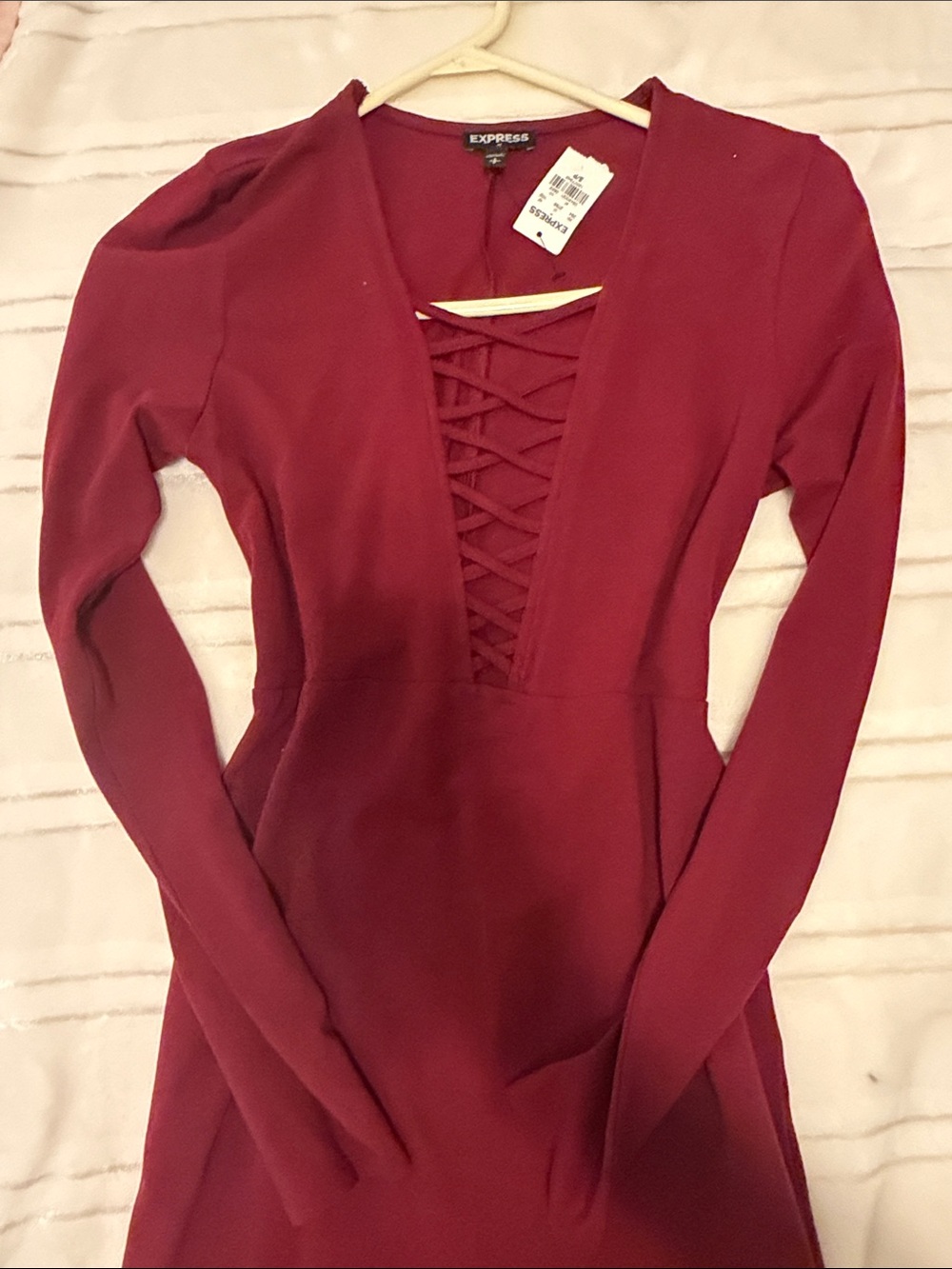 Express Burgundy Lace-Up V-Neck Long Sleeve Dress